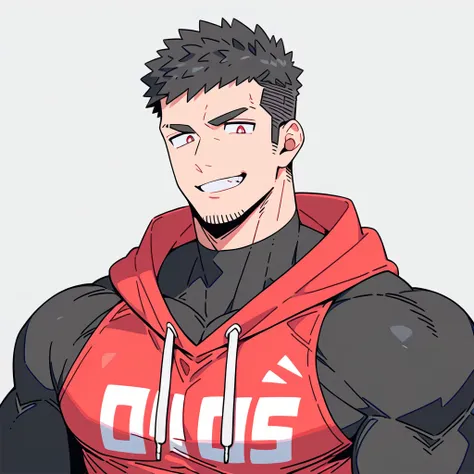 anime characters：priapus, black black skin muscle sports student, manliness, male focus, red sports tight hooded sweatshirt,  we...