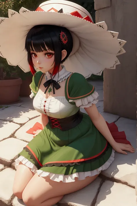 A 3D anime style girl in a green charro dress, white, and short black red hair with Mexican hat sitting on name Alma