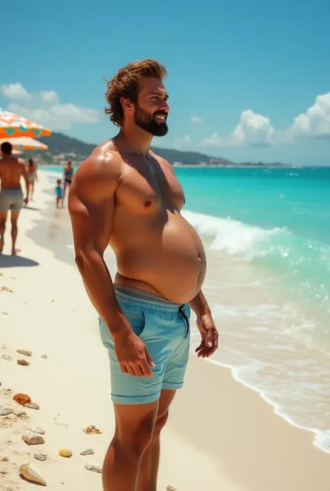 A muscular man pregnant at a beach