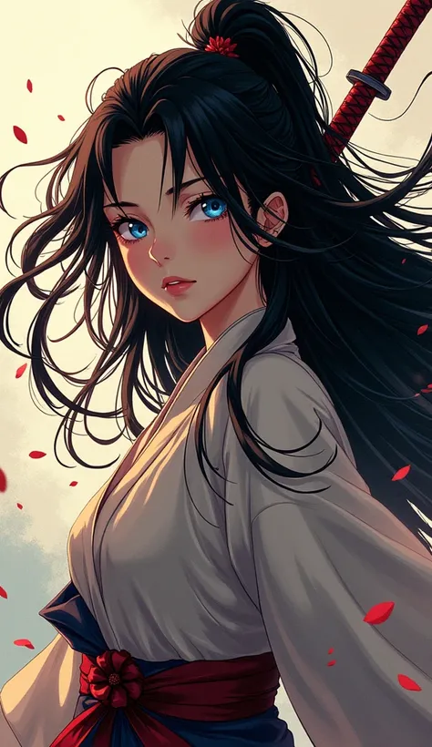 a Japanese comic  art of a female samurai, holding a katana in a salute, the Katana glistens in the sun,  ready for battle, half of the face are shaded, black hair, long hair, carried in the wind, blue piercing eyes, pale skin, Ultra-high resolution, High ...