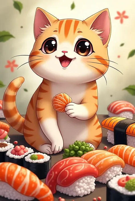 high quality、high resolution、High precision、Real Stick、delicate、Precision、detailed、Deep touch、Attractive colors、Engraving illustration、A deformed cat、with lots of sushi placed around it、Eating shrimp sushi、Blissful smile