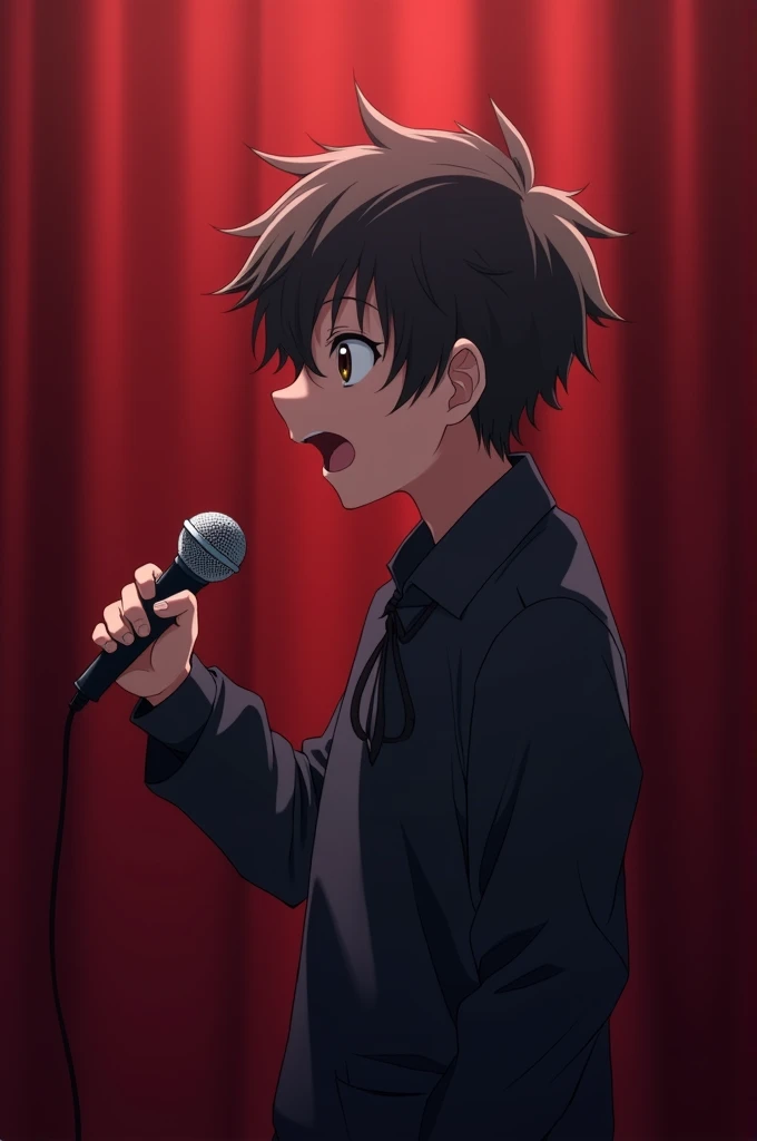 an anime boy who is acting in the theater without holding a mic