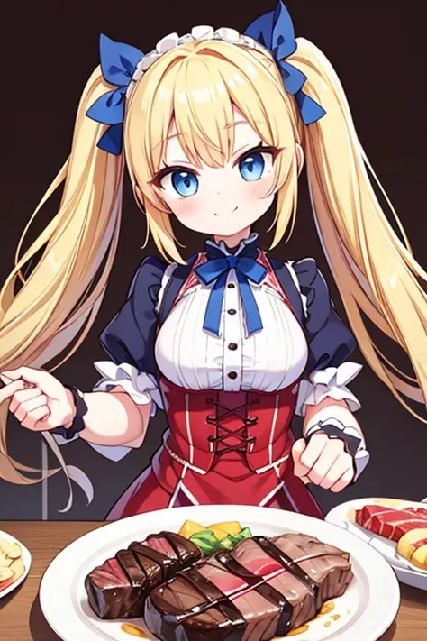 a happy smile,large serving of beef steaks,large amount of steak,highest quality,blonde with blue eyes、lolita、small breasts、twin...