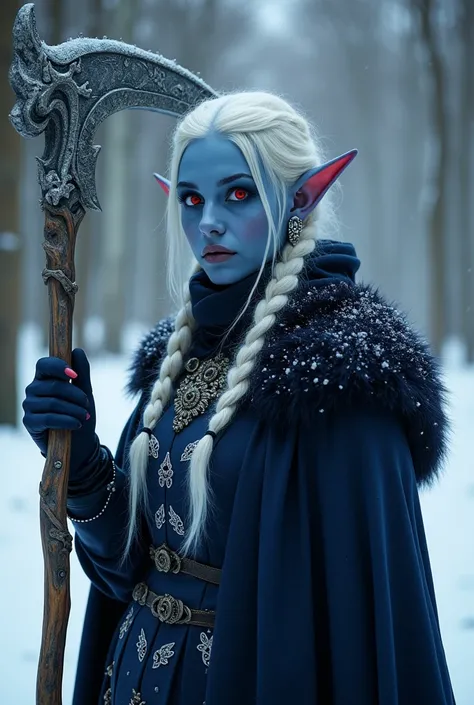 Dark blue skin. elf ears. red eyes. white hair dreadlocks pigtails. Silver jewlery. Royal winter coat, dark blue, navy, silver. Mature woman. Scythe weilder.