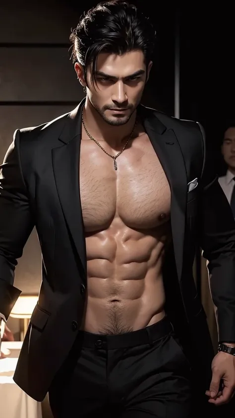 a muscular handsome man, black formal shirt, open buttons showcasing chest and abs, black formal pants, looking at viewer romantically, fair skin, black short hair, light facial hair, chest hair, sexy expression, tattoos on chest,