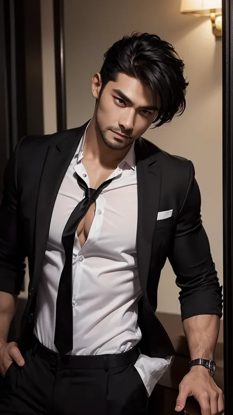 a muscular handsome man, black formal shirt, open buttons showcasing chest and abs, black pants, looking at viewer romantically, fair skin, black short hair, light facial hair, chest hair, sexy expression,