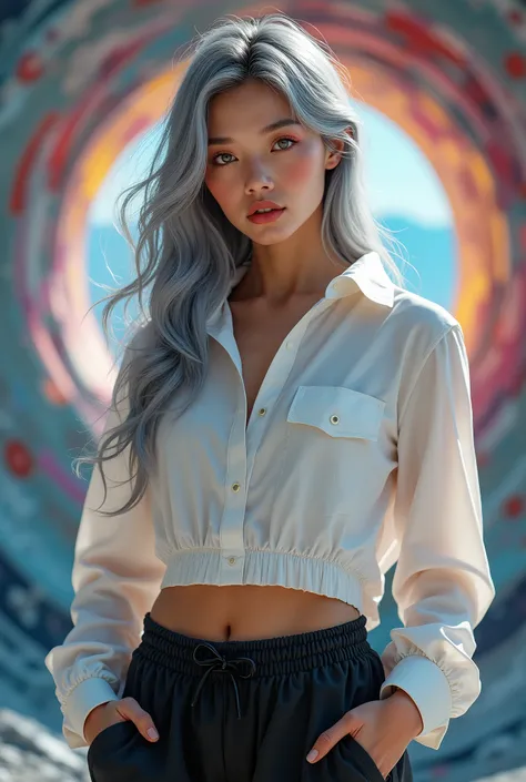 highly detailed, beautiful, hyper Realistic, masterpiece, best quality, (Beautiful asian girl, インフルエンサー), gray hair, light color eyes, Shiny skin, Detailed face, white and black fashion, surreal, complicated background, (too sexy sports shorts:1.3)