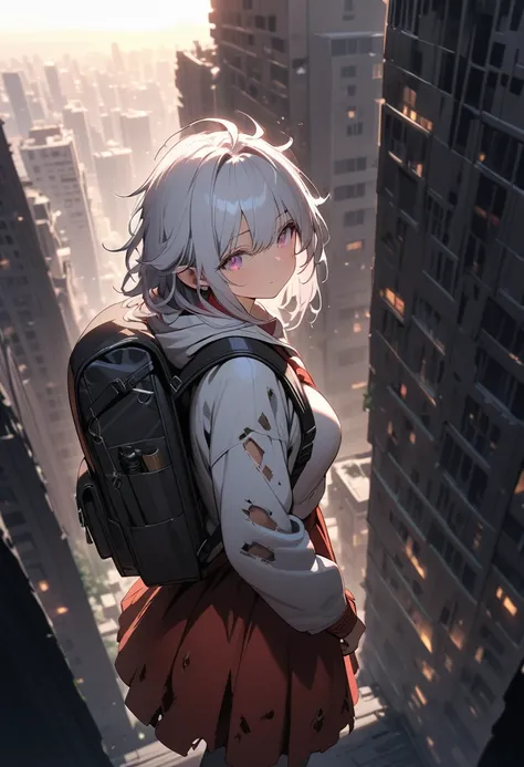 (girl looking down on city alone from top of tall building), (beautiful girl, beautiful shining eyes, messy hair, dirty tattered clothes, dirty tattered rucksack, survival knife:1.2), devastated futuristic city, city eroded by vegetation, abandoned skyscra...