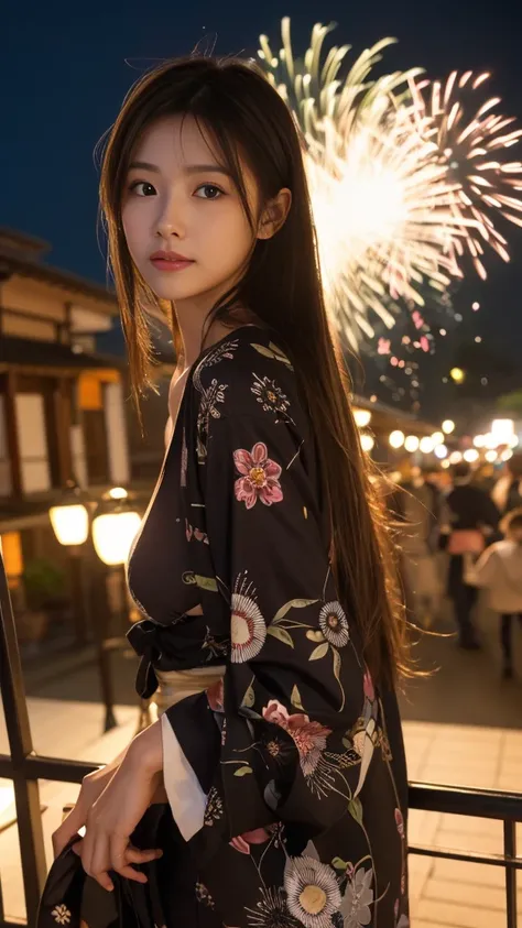 high resolution、Japanese women、Beauty、cute、Brown long hair hairstyle、Small face、Beautiful skin、Large breasts、Reality Stick、night、Fireworks、outside、Sexy pose、Sexy look、The yukata is long-sleeved and closed in the front、The yukata is not open in the front