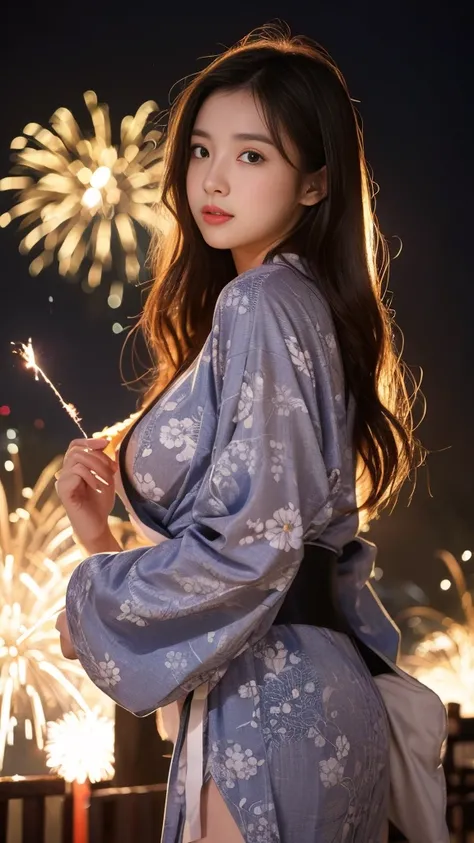 high resolution、Japanese women、Beauty、cute、Brown long hair hairstyle、Small face、Beautiful skin、Large breasts、Reality Stick、night、Fireworks、outside、Sexy pose、Sexy look、The yukata is long-sleeved and closed in the front、The yukata is not open in the front