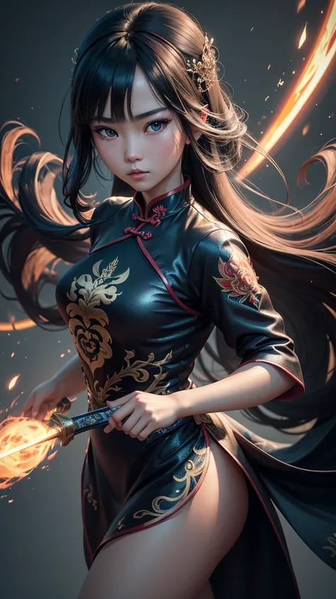 Chinese cheongsam girl, full body shot, high definition face, super realistic portrait, anime with sword and watericon screen, in the style of fantasy-iconinspired art, light black and blue, realistic hyper-detail, bo chen, dark and chaotic, intelicon core...