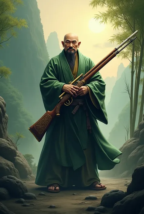 Grand Master Oogway, from Kung Fu Panda, holds a rifle (masterpiece, superior quality, agencement parfait, high aesthetic, unrealistic, extremely detailed, intricate details, professionnel, art traditionnel, Key work: 1.3)