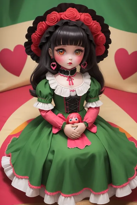 Doll with a green charro dress, White and red sitting on the letters Lety pink and yellow with black shadow and colorful hearts around her 