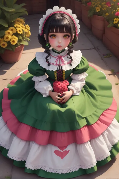 Doll with a green charro dress, White and red sitting on the letters Lety pink and yellow with black shadow and colorful hearts around her 