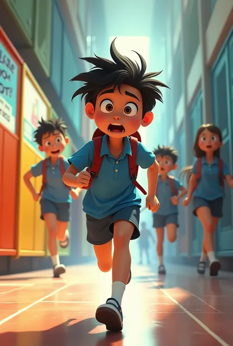 Animated school student running scared age 16 years

