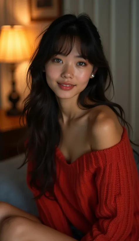 Masterpiece, best quality, high resolution, ultra detailed, slight smile, a woman long dark hair with bangs, light blue eyes, a beautiful girl looking at the camera, Frontal view, ((off-the-shoulder light red sweater,)) bare legs, night, warm interior room...