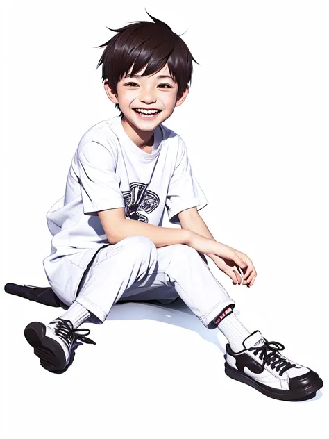 
caricature, real ,  ultra detailed illustration in anime semi - realism style , full body , A cute young boy is so laughing , sitting , white background. 
