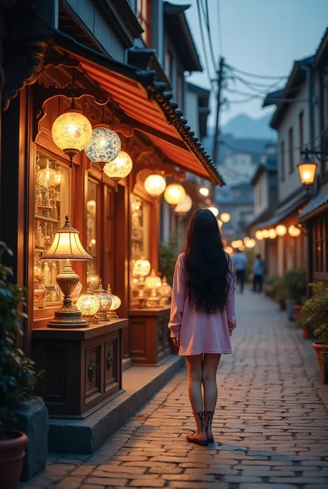 A korean teenager girl infornt of an antique lamp shop facing her back