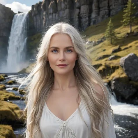 A beautiful Iceland waterfall, with a gorgeous long haired silver blonde shiny hair 48 years old, she is wearing a small white fur around her neck, standing close to a waterfall, its a sunny day with wisps of white fluffy clouds in the sky, snowy mountains...