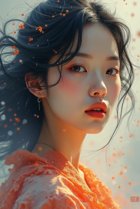 Visually captivating artwork, (with skillful use of color, composition, and light.) Innovative artwork, showcasing unique and imaginative concepts. (korean woman), (hyperrealism), (high-detailed) Emotionally resonant artwork, effectively conveying a narrat...