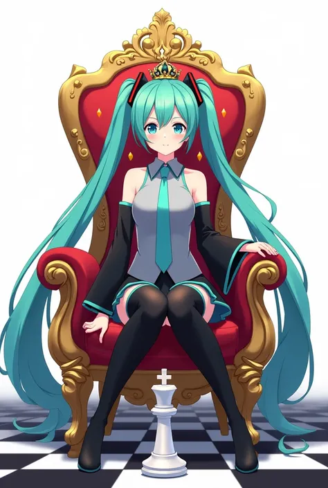 Japanese anime, anime art, anime style, detailed drawing, white background, high definition, high quality, high resolution, chessboard (floor), white king (chess), crown, sceptre, throne, one girl, solo, Miku Hatsune, aqua hair, twintails, head ornament (b...