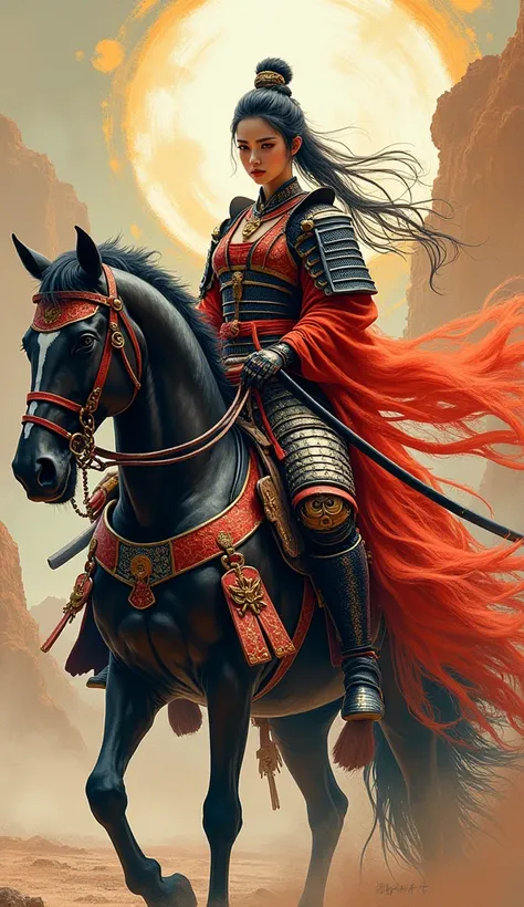 powerful painting of a beautiful lady samurai on a gallant horse, surrounded by desolate landscape, vibrant colors, dynamic brush strokes, merging styles of Yoshitaka Amano and traditional Japanese ink art, intricate patterns on armor, ethereal feel; high ...