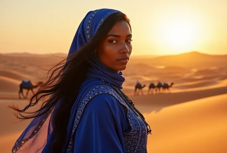 High resolution, Anatomically correct, accurate, Highest quality, High detail, Textured skin, One Woman, Saharaの民, Brown Skin, Sahara遊牧民, Blue Costume, Blue scarf, Blue Robe, tuareg, Black Hair, Sahara, Camel caravan, Vast sand dunes