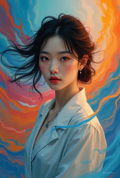 Visually captivating artwork, (with skillful use of color, composition, and light.) Innovative artwork, showcasing unique and imaginative concepts. (korean woman), (hyperrealism), (high-detailed) Emotionally resonant artwork, effectively conveying a narrat...