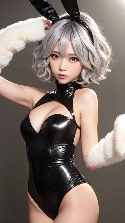 Silver Hair Short　Curly hair　　Bunny girl　Black costume　Brown skin　Anime Style　rabbit