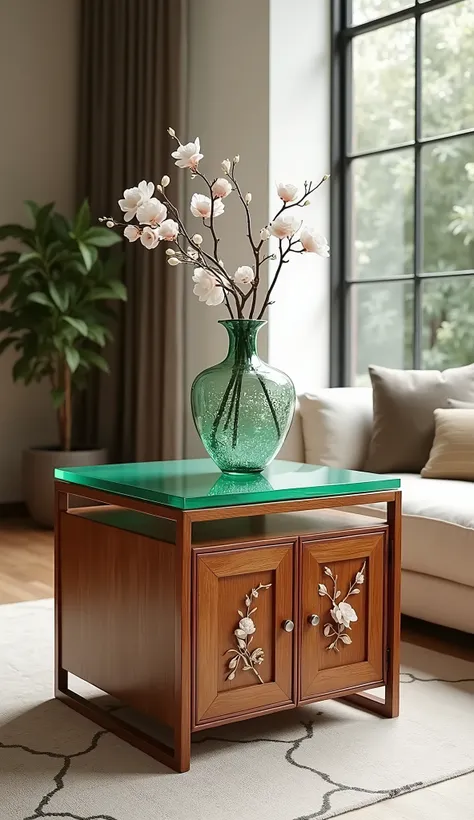 A glass side table with wood legs, square shaped and two doors that have carved camellias designs on them. The top of the table is a flat green colored glass. 