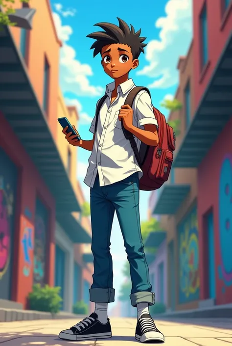 In anime style, a light-skinned black teenager, with a faded haircut and brown eyes, wearing a white button-down shirt, jeans and black shoes with white socks, backpack on his back and cell phone in hand 