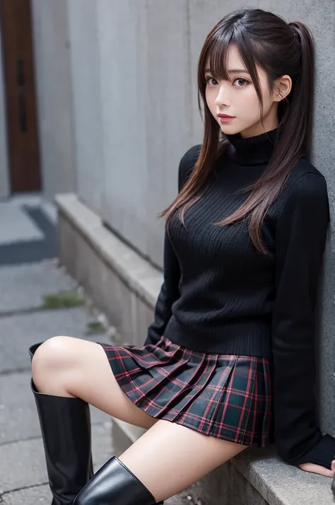 　Japanese　　melancholy　Black tartan neck sweater　Pleated skirt　Knee-high boots