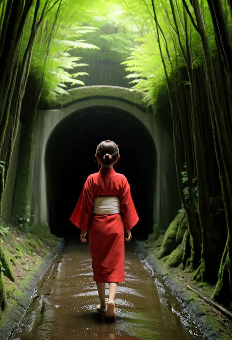 Spirited Away、１０an appointment、Brown ponytail short hair、Big eyes、Very expressive、Wearing red kimono、Walking towards the tunnel in the forest、it&#39;It&#39;s a little dark in the fores drizzling