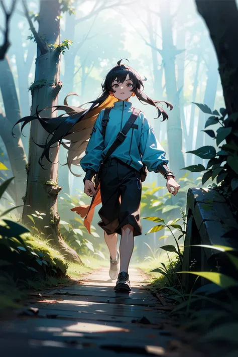 Half Body，Two-person interaction，A girl with long hair and a boy with short hair that reaches his ears are walking hand-in-hand through the forest.，Background forest,close-up, perspective, depth of field, アニメ, highres, super detail, anatomically correct, m...