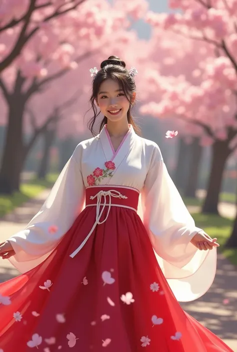 Visually captivating artwork, (with skillful use of color, composition, and light.) Innovative artwork, showcasing unique and imaginative concepts. (korean woman smile wearing hanbok), (hyperrealism), (high-detailed) Emotionally resonant artwork, effective...