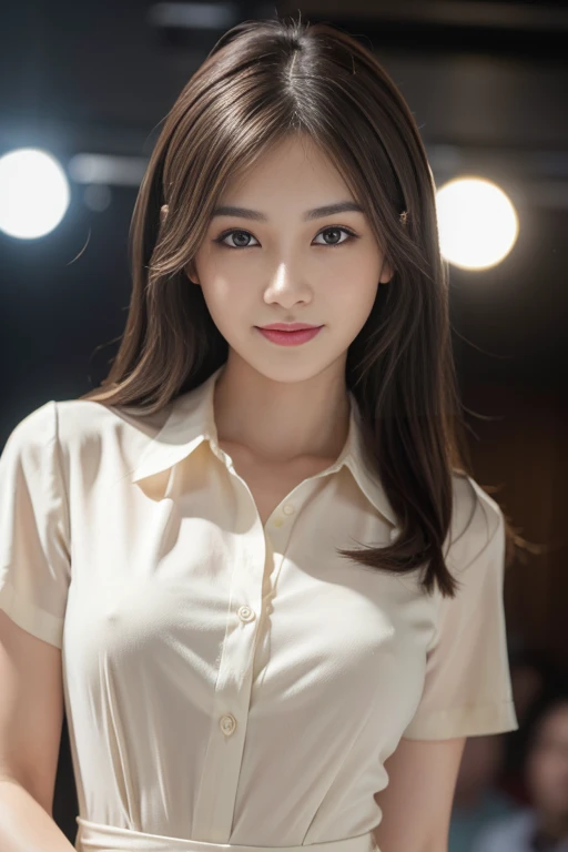 a woman, 25 years old, with medium straight layered brown hair, very beautiful eyes, thin eyebrows, fine skin, beautiful mouth, nice nose, cute like an idol, smiling, thick lips, looking at the audience, wearing a white collared dress shirt, in a slender f...