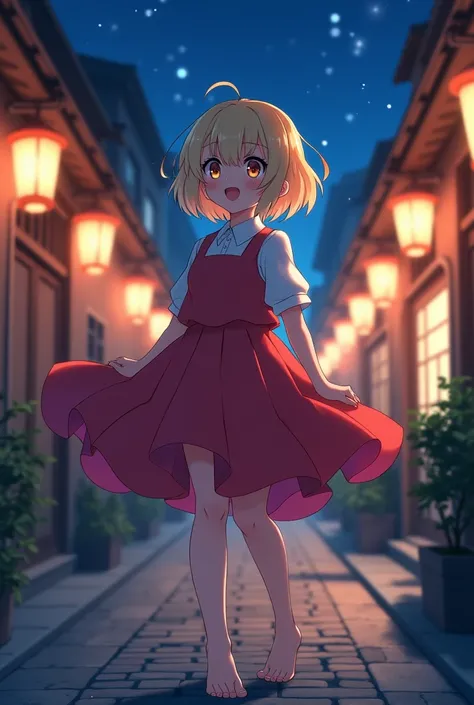 beautiful girl、anime、Highest quality、Blonde、barefoot、Short hair、Big Breasts、Red lipstick on white skin、Japanese、smile、night、Plump body、Large Breasts、The wind flips up my skirt