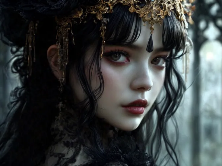 A highly detailed photorealistic image, a close up of a beautiful japanese woman, long hair with bangs, dreamy gothic girl, gothic make-up, she is a vampire, beautiful face, detailed face, elegant render, half body photo, mistress, photoshop render, a bit ...