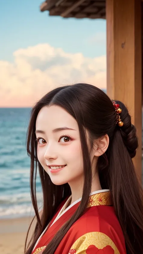 Wearing a kimono　Red long hair　Golden Eyes　Smiling　Ghibli style　The background is the seaside　Nezuko