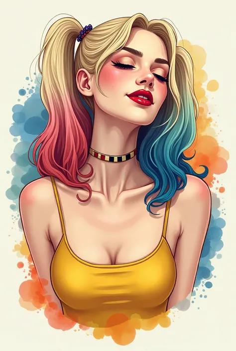 A stylized illustration of Harley Quinn and Superman, tilting her head back. She has a serene expression, with bold red lips and light, peachy skin, accented by colorful splashes of watercolor in shades of blue, orange, and yellow surrounding her. The woma...