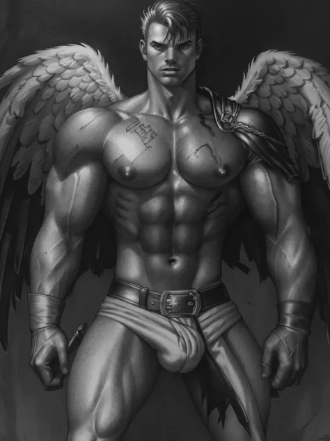 a muscular man in black armor with bandages, facing the viewer, with manly features, scars and wounds, smooth skin, sharp focus, illustration, guts (berserk), dark angel wings, cinematic lighting, dramatic pose, hyper detailed, oil painting, photorealistic...