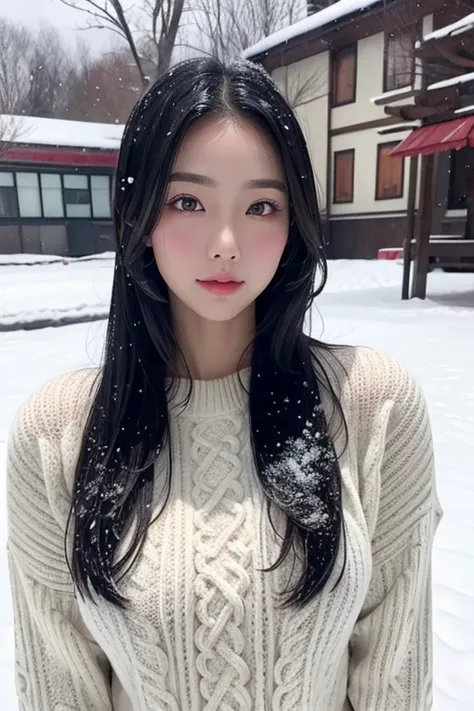 Asian、model、Black Hair、Long Hair、Big Breasts、Topless、sweater、snow、noon