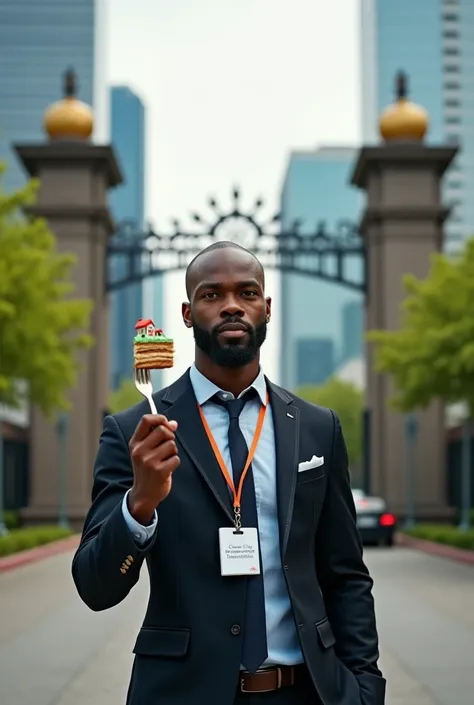 Creat an illustration of a black 24 year old man in a suit with a tag id hamging on his chest saying client relationship manager holding a fork that has a piece of cake that looks like a piece of land written 50 by 100  outside the gate of a city called ko...