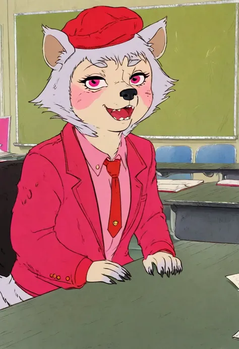 White Tanuki Hyena, Red beret, pink Speedsuit, red tie, rolling eyes, scared, confused, Desk in Classroom, by Guillaume Singlin and Kaeit VanDorn (skchkko), Style of MFKZ, HeavyMetalStyle