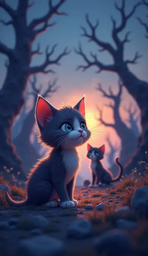 it saw a group of people taking its mother away 3d cartoon cute pretty dark, mother cat crying