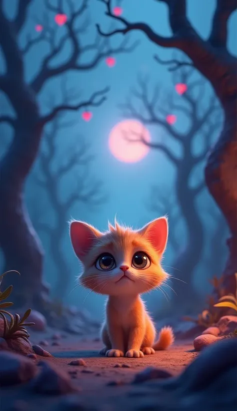 it saw a group of people taking its mother away 3d cartoon cute pretty dark, mother cat crying