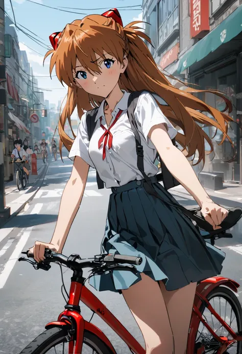 1girl, souryuu asuka langley, neon genesis evangelion, school uniform in neon genesis evangelion style,short sleeve,white collared shirt,red string tie,blue pleats skirt,hunging a school bag,riding bicycle,covered erected tiny nipple,city street, summer se...