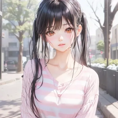 1 girl with long black hair wearing a pink striped shirt, cute anime-style girl, smooth anime CG art, realistic anime 3D style, kawaii realistic portrait, realistic young anime girl, portrait of anime girl, anime girl portrait, anime girl, beautiful anime ...