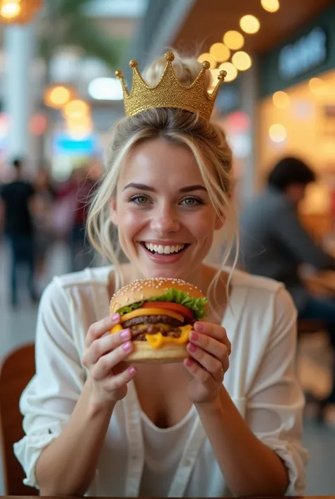 best qualityer:1.4), (ultra high resolution:1.2), (photorrealistic:1.4), (8k, CRU photo:1.2), A 25-year-old woman, with blonde hair tied in a bun, shes in a mall sitting at a table, shes holding a hamburger in her hands with her mouth open to eat, shes loo...