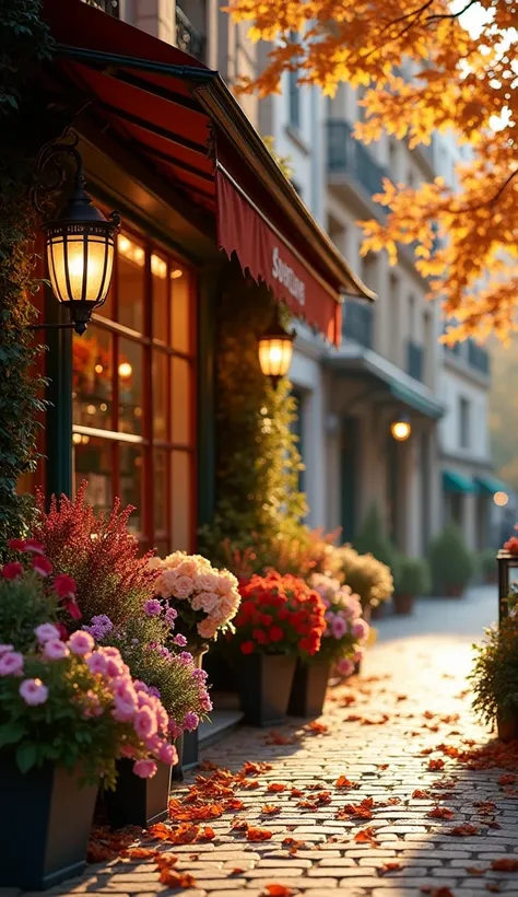 High Quality, High Resolution, Best Composition, Cinema Style, Autumn Landscape, Old Parisian Street Corner, Florist Shopfront, Beautiful Colorful Flowers, Brick Paved Sidewalk, Gas Light, Stylish Atmosphere, Calm